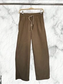 Women's Straight Leg Pants, With A Casual And Elegant Design, Cotton And Polyester Fabric, Functional Pockets, Natural Waist Adjustment With Elastic And Double Drawstring, Ribbed Texture, Fresh And Light, Ideal For Spring, Summer And Early Fall Seasons. - 駝色 - 查看 3