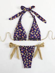 LUCKY HOLIDAY 时尚性感复古印花吊带系带比基尼女式泳衣套装 - 紫黃色 - 查看 3