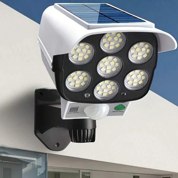 1 Pezzo Luce solare da esterno con sensore di movimento, 77 LED Faretti con telecomando, Faro senza fili con telecamera di sicurezza virtuale per hotel, portico, giardino, patio, vialetto - Alimentata a Energia Solare e senza fili