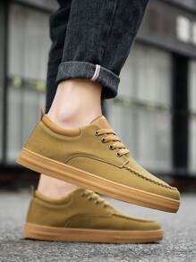 男士卡其色皮革表面 3D 缝合橡胶鞋底乐福鞋，英伦风户外/约会/购物四季防滑平底鞋