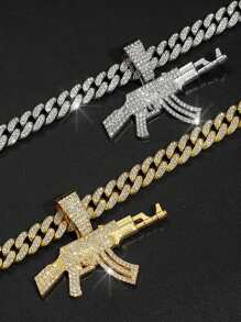 1pc Punk Hip-Hop Hiphop AK47 Gun Necklace, Bling Copper Inlay Cubic Zirconia Flashing Submachine Gun Pendant For Men - Necklace - View 10