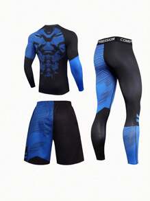 Męski 3-częściowy zestaw w stylu Boyfriend do uprawiania sportów na świeżym powietrzu, biegania, koszykówki, jazdy na rowerze, odprowadzania potu i oddychania, kamuflaż, mleczny jedwab, wiosenno-letni garnitur - Niebieski - Zobacz 2