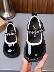 1 Pair Girls Fashion Rhinestone Princess Leather Shoes, Soft Bottom Baby Shoes, Glossy Flat Casual Shoes, Suitable For Spring & Autumn