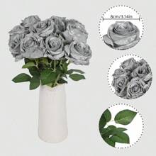Artificial Flowers12Pcs Shiny Single Long Stem 40cm/15.75in Large 8cm/3.14in Glitter Roses Head Fake Roses Bouquet For Party Home Wedding Centerpiece Office Table Centerpieces Christmas Garland Decorations