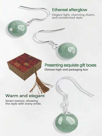 1 Pair Of S925 Silver Natural Jade Earrings, Light Green Round Bead Pendant, Fashionable And Elegant Style, Anti Allergic, Suitable For Women To Wear, With Gift Box, Perfect Gift, Wedding Accessories,Mother's Day Gift.Authentic S925 Sterling Silver Earrings With Inlaid Translucent Green Jade Balls & Secure Lobster Clasps For Women's Wedding/Birthday Gift - Includes FREE Luxury Gift Box (Certified Hypoallergenic)