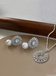 3 件套女士奢华珍珠新娘首饰套装、锆石耳环和项链、优雅婚礼配饰 - OPP袋套裝 - 查看 2