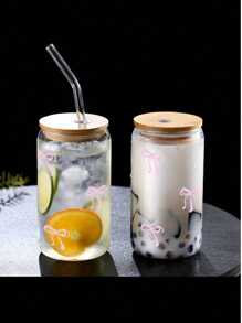 1个16盎司透明咖啡杯，粉色蝴蝶结图案，竹制杯盖和吸管，便携式饮料果汁杯，适合户外旅行、夏季和冬季，生日、节日和圣诞节礼物水瓶 - 無色 - 查看 10
