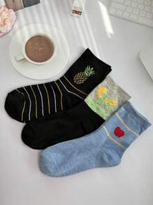 3 Pairs Women's Multi-Color Pineapple, Leaf, Apple Print Personalized Fashion Soft Comfortable Mid-Calf Socks, Suitable For Daily Wear