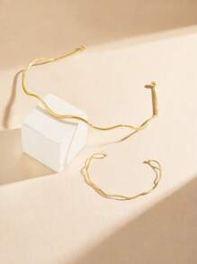 Bộ 2 vòng cổ và vòng tay gợn sóng tối giản bằng vàng, trang sức phù hợp cho cặp đôi Unisex cho sự kiện tiệc mùa hè Vòng cổ choker - Vàng - Xem 2