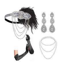 1 Set 4pcs 1920s Flapper Headband, Necklace, Gloves, Feather Accessories For Women Prom