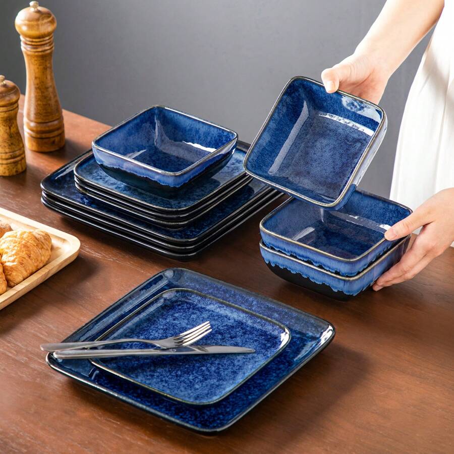 vancasso 12 Piece Stoneware Dinnerware, Blue, Ceramic Tableware Set Including Dinner Plates, Desserts Plate And Bowls, Service For  4 People, Square Plate And Bowl - Blue - View 1