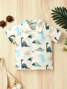 2pcs Casual Cute Baby Boy Clothes Set, Soft Comfortable Cartoon Dinosaur Print Shirt And Solid Color Sports Shorts Outfit, Baby Boy Clothing, Suitable For Daily, Vacation, Party, Outdoor