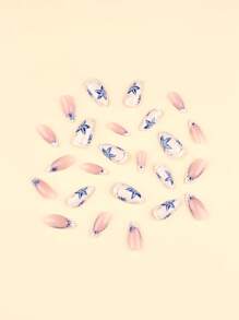 24pcs Freshen Short Almond Shape Nail Nails Solid Blue Flowers Press On Nails Acrylic Nails Fake Nails Nails Manicure Set Detachable Full Cover Long Lasting Includes 1sheet Adhesive Tabs & 1pc Mini File