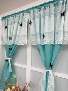 1pc Blue Voile Curtain, French Romantic Lace Ruffled Curtain Panel For Kitchen, Bathroom, Cafe, Farmhouse Style, Sheer Linen Material, Washer, Rod Pocket Design, Princess-Like - Multicolor - View 5