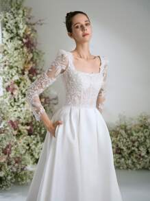 Elasola Glamorous Square Neck Beaded Lace Floral Lace Patchwork Satin Split Thigh Garden Party Sheer Long Sleeve Palace Style Wedding Dresses For Bride With Train