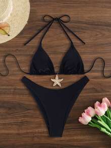 纯色休闲优雅露背挂脖性感比基尼套装