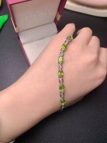 925 Sterling Silver Bezel Set Natural Olive Green Gemstone Bracelet, Elegant Daily Wear Commuting Style - White - View 7