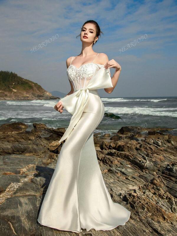 HEARBOBO Sexy Noble & Cute Bridal Shower Dress With White Spaghetti Straps, Contrast Lace, Bow Detail, And Semi-Transparent Corset Mermaid Design For Bride
