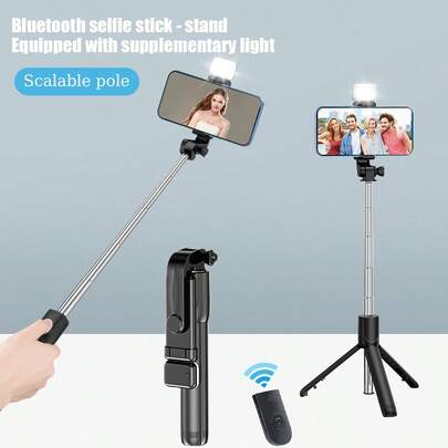 这款最新款1.7米/70厘米蓝牙手机自拍杆直播三脚架配备LED补光灯，可伸缩，支持360度自动旋转，具备防抖功能，轻巧便携。它还具有多种功能，可用作便携式三脚架。适用于直播、合影和旅行等场景。无线遥控器兼容大多数智能手机，包括iOS和安卓系统。它是夏季度假、旅行、补光、户外活动和直播的理想之选。