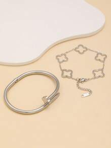 2 件时尚奢华三叶草指甲手链套装，百搭不锈钢手镯，适合女士日常佩戴和送礼 - 銀色 - 查看 4