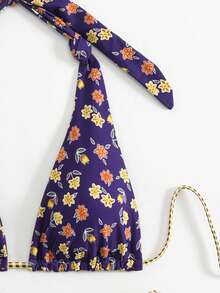 LUCKY HOLIDAY 时尚性感复古印花吊带系带比基尼女式泳衣套装 - 紫黃色 - 查看 5