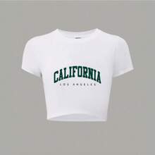 100% Cotton Unisex Crop T-Shirt Showcasing California And Los AngelesA White Cropped Tee With The Word "CALIFORNIA" In Large Green Letters And "LOS ANGELES" In Smaller Black Letters Below. Round Neck Short - Sleeve T - Shirts, Basic Tees, And Graphic Crop Tops Are Summer Women's Tops. - White - View 7