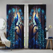 2 Stücke Vorhangbinder mit Pfauenmuster, geeignet für alle Jahreszeiten, moderne digital bedruckte Vorhänge, Polyestersamt Stoff, halbtransparent, künstlerisches Blattmuster, ausbleichfest, vertikale Webung, maschinenwaschbar, geeignet für Wohnzimmer- und Schlafzimmer-Dekoration