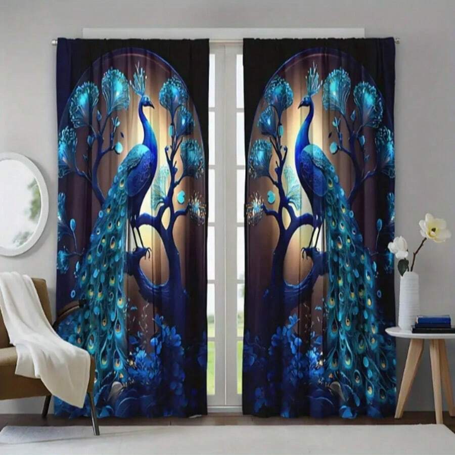 2 Stücke Vorhangbinder mit Pfauenmuster, geeignet für alle Jahreszeiten, moderne digital bedruckte Vorhänge, Polyestersamt Stoff, halbtransparent, künstlerisches Blattmuster, ausbleichfest, vertikale Webung, maschinenwaschbar, geeignet für Wohnzimmer- und Schlafzimmer-Dekoration