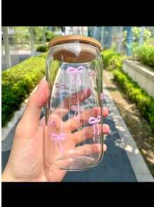 1个16盎司透明咖啡杯，粉色蝴蝶结图案，竹制杯盖和吸管，便携式饮料果汁杯，适合户外旅行、夏季和冬季，生日、节日和圣诞节礼物水瓶 - 無色 - 查看 7