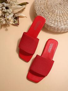 Women Flat Sandals Red Comfort Strap Woven Beach Slippers, Plus Size, Summer - Red - View 5