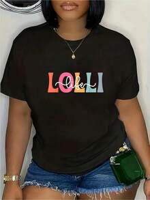 Colorful 'Lolli Life' Women's-Shirt - Casual, Short Sleeve, Round Neck, Black, With Playful Multicolor Letters - Perfect For Casual Outfits And Special Occasions, Women's-Shirt Cotton Menkpop Labor Day Men Clothing Manfinity Romwe Shirts Men Shirts Graphic Tees Camisas Para Hombre Graphic Tees Graphic Te - 黑色 - 查看 2