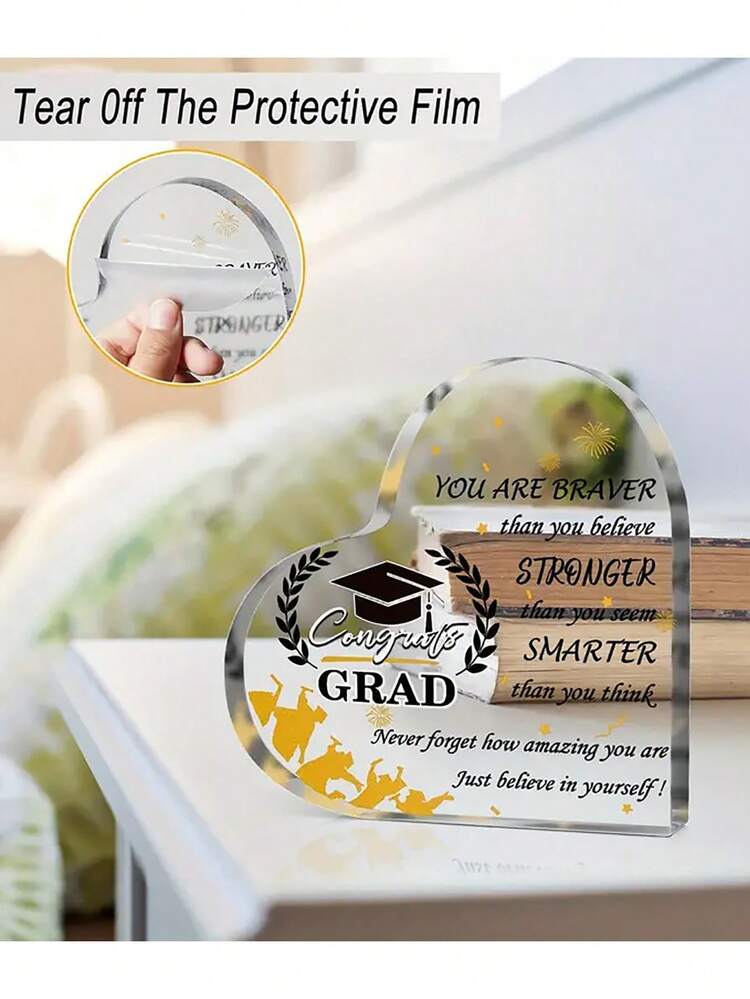 1PC Transparent Acrylic Graduation Gift Decoration, Heart-Shaped Design Graduation Hat Pattern Decoration Home Decor, Graduation Season Party Decoration Gift - Multicolor - View 2