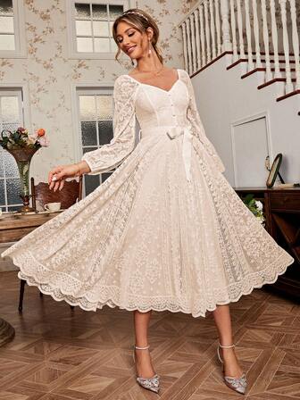 Simplee Elegant vintage spetsklänning med utsvängd fåll och långärmad passform för kvinnor, lämplig för bröllop, fester, födelsedagar