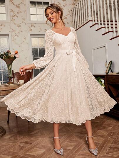 Simplee Kadınlar İçin Şık Vintage Dantel Kloş Etek Ucu Dar Uzun Kollu Elbise, Düğünler, Partiler ve Doğum Günleri İçin Uygun