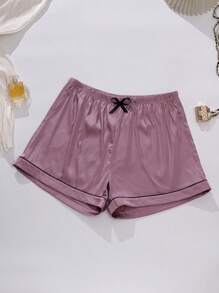 Conjunto de pijama de 2 piezas de mujer talla grande, con blusa de satén con bordado de lazo y manga corta, y pantalón corto, ropa de descanso casual para el verano y vacaciones