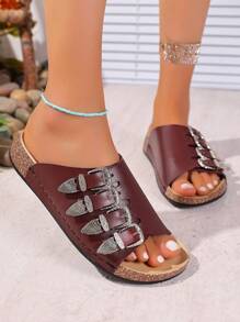 Women's Fashion Slip-On Sandals, Coffee Minimalist Buckle Decorated, High-End Casual Beach Slippers For Summer - Coffee Brown - View 3
