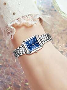 2Pcs Women's Silver Alloy Strap Fashion Casual Simple Bar Scale Blue Dial Quartz Watch Bracelet Set For Daily Wear Or Holiday Gifts