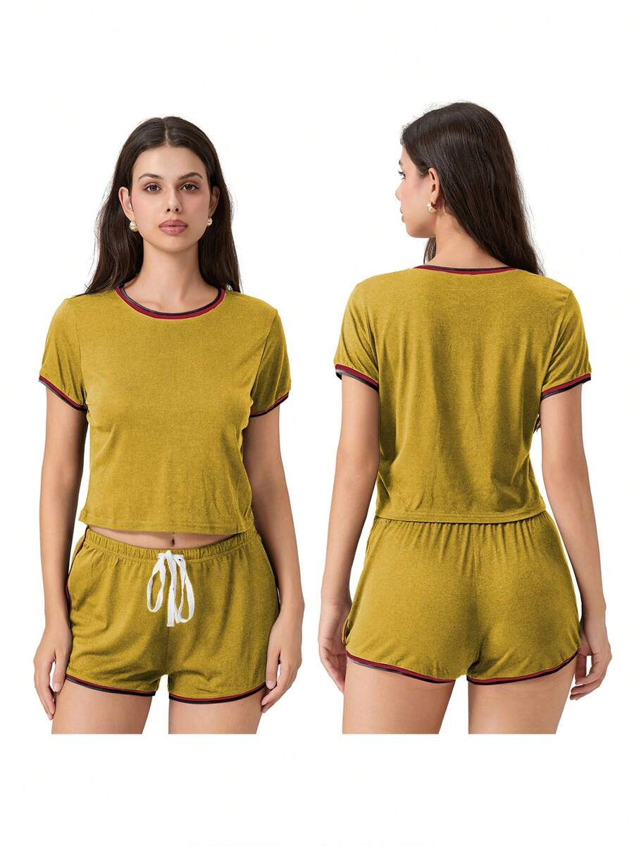 Women's 2 Pieces Sports Tracksuit Set, Short Sleeve Round Neck Top + High Waist Short Pants Sets - Yellow - View 1