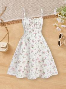 Vestido de tirantes finos con hombros al descubierto y estampado floral elegante para niñas, para primavera/verano