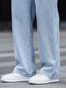 Loose Straight Leg Jeans, Fashionable Washed Cotton Denim, Casual Straight Wide Leg Elastic Waist Jeans For Men, Couple Matching Gift