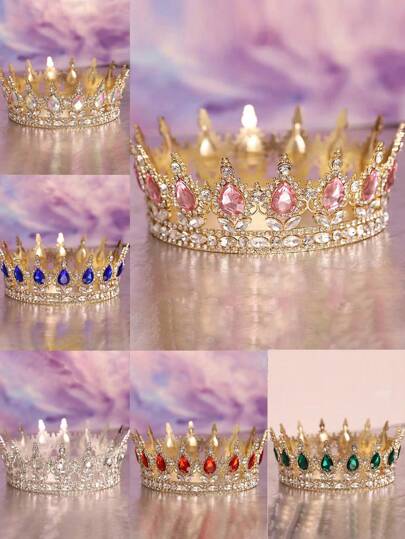 1件复古合金水钻巴洛克新娘皇冠头饰，水滴形水晶圆形生日头饰，女王装扮派对头冠情人节配饰，婚礼发饰