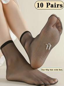 10 双女士圆点硅胶防滑超薄隐形短尼龙袜，透气，适合日常休闲穿着