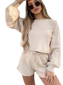 Women 2 Pieces Tracksuit Outfits,Puff Sleeve Knit Pullover Sweater Tops + Elastic Waist Drawstring Shorts Set - Beige - View 1