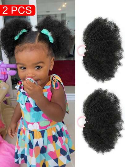 2 Packs Kid Ponytail Double Afro Puffs Kinky Curly Hair Bun For Little Girls Natural Black Synthetic Hair Ties Hair Accessories