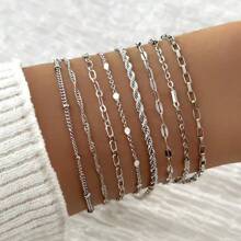 8pcs Minimalist Punk Style Chain Bracelet Set, Suitable For Women's Daily Wear