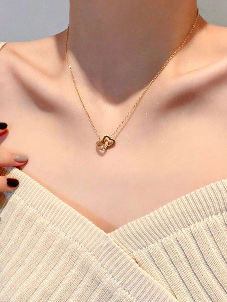 1pc Elegant Versatile Heart Shaped Double Ring Pendant Necklace, Lightweight Luxurious Design Necklace For Women, Suitable For Daily Wear, Gift For Valentine's Day, Mother's Day, Wedding Engagement