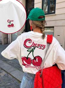 女士红色樱桃印花圆领短袖休闲 T 恤，时尚百搭，适合春夏季日常穿着