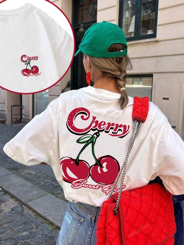 Camiseta casual feminina com estampa de cereja vermelha e gola redonda, manga curta, elegante e versátil para uso diário na primavera/verão