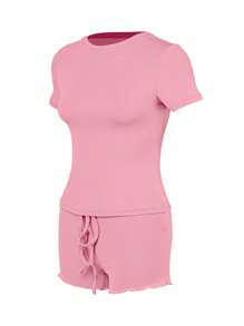 Women's Sleepwear Set, Two-Piece Short-Sleeve Top + Shorts, Fitted Short-Sleeve T-Shirt, Drawstring Shorts, Modal Fabric, Available In 6 Colors, Skin-Friendly And Breathable Pajamas, Casual, Home, And Sportswear, Suitable For Multiple Occasions. - 粉色 - 查看 7