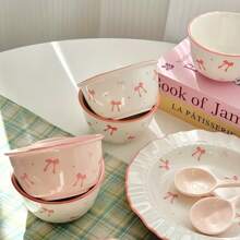 4 件套蝴蝶结设计陶瓷碗 - 包含 2 个碗和勺子，可用洗碗机清洗，适用于谷物、汤、沙拉、早餐、酸奶、甜点和冰淇淋 - 粉色，学校用品 - 彩色 - 查看 5